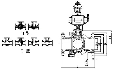 L（T）型气动三通球阀 尺寸图