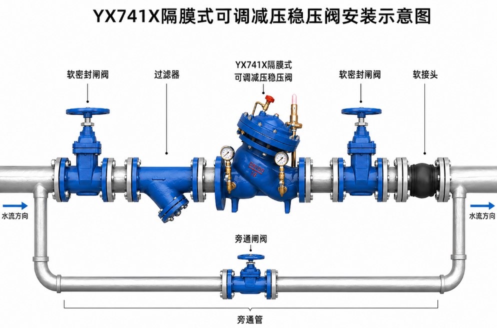 YX741X减压稳压阀的安装示意图