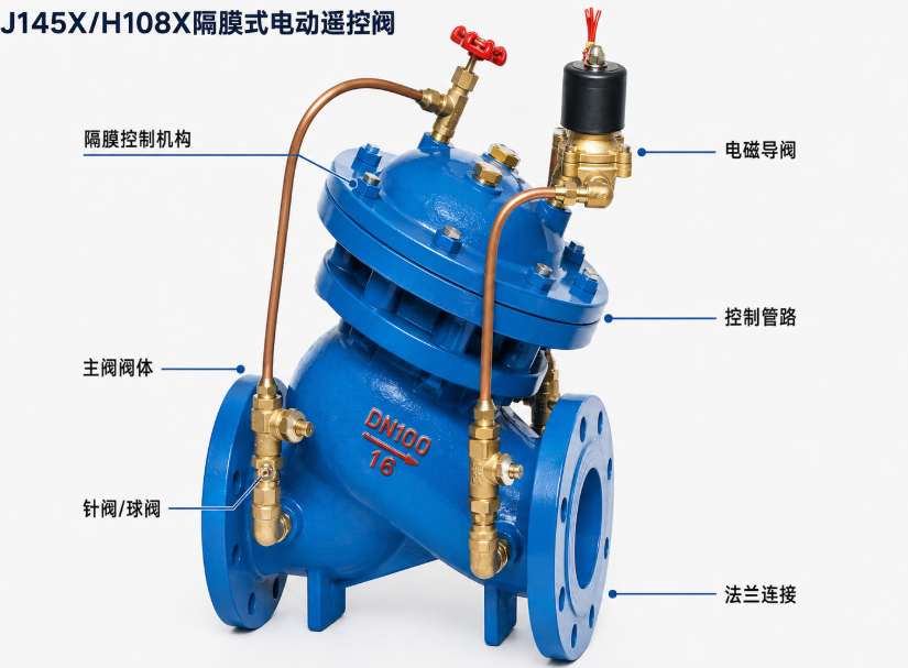 J145X/H108X隔膜式电动遥控阀结构 J145X/H108X隔膜式电动遥控阀结构