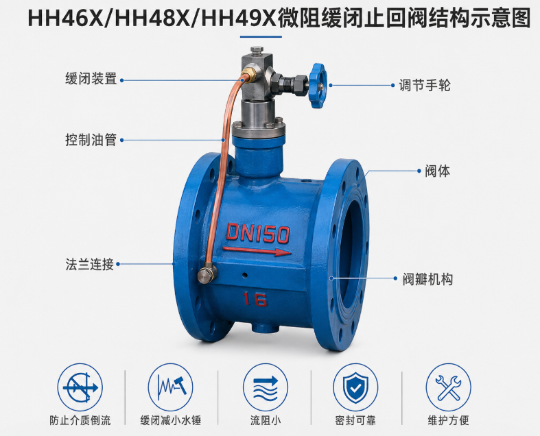 HH46X/HH48X/HH49X微阻缓闭止回阀结构图 HH46X/HH48X/HH49X微阻缓闭止回阀结构图