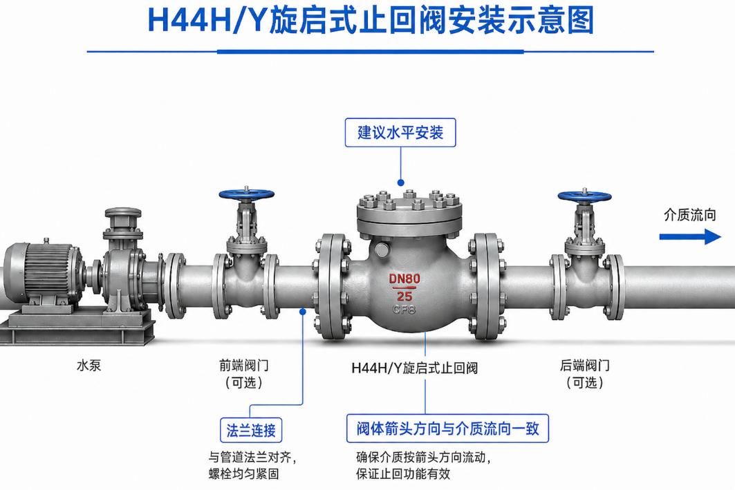 H44H/Y旋启式止回阀安装示意图 H44H/Y旋启式止回阀安装示意图